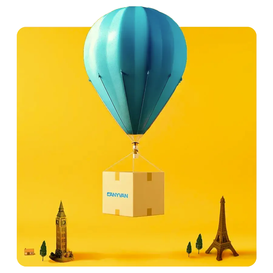 International removals - air balloon carrying a home removal box from London to Paris