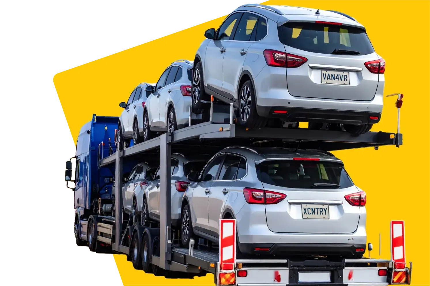 AnyVan vehicle transporter truck carrying six white SUVs with novelty plates reading “VAN4VR” and “XCNTRY,” used for car shipping across the U.S., shown on a bold yellow background.