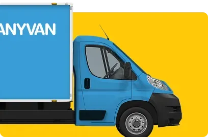 Image of a Moving Van and boxes stacked beside it with plants and lamps on display