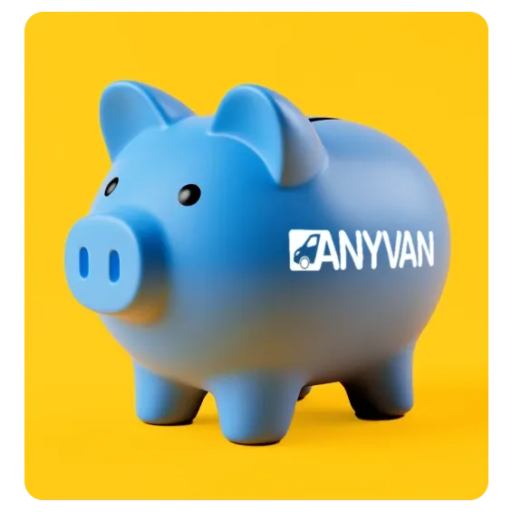 A blue piggy bank with the AnyVan logo, symbolizing affordable car shipping and transport savings, against a yellow background.
