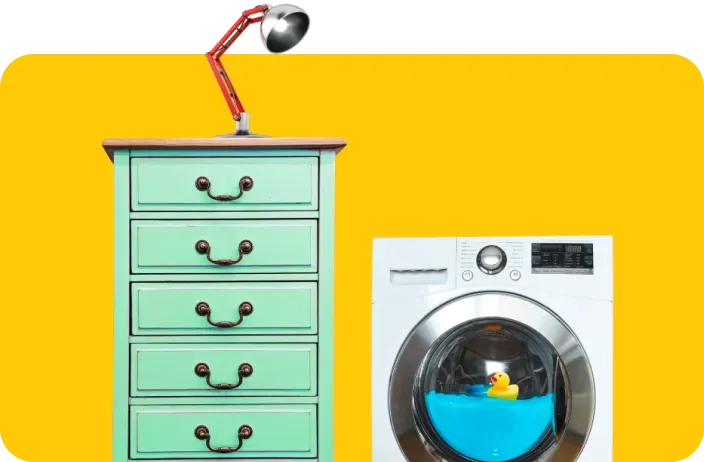 Image of a chest of drawers and a washing machine showing AnyVan move furniture. 