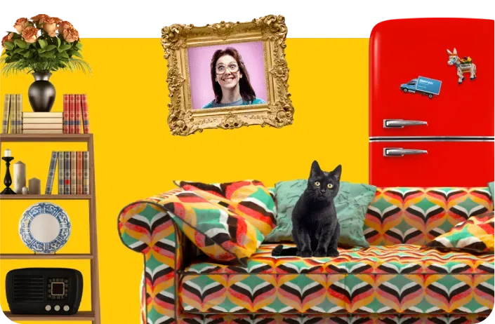 Image of a quirky home including a patterned sofa, fridge and wonky bookcase, shows AnyVan do home removals