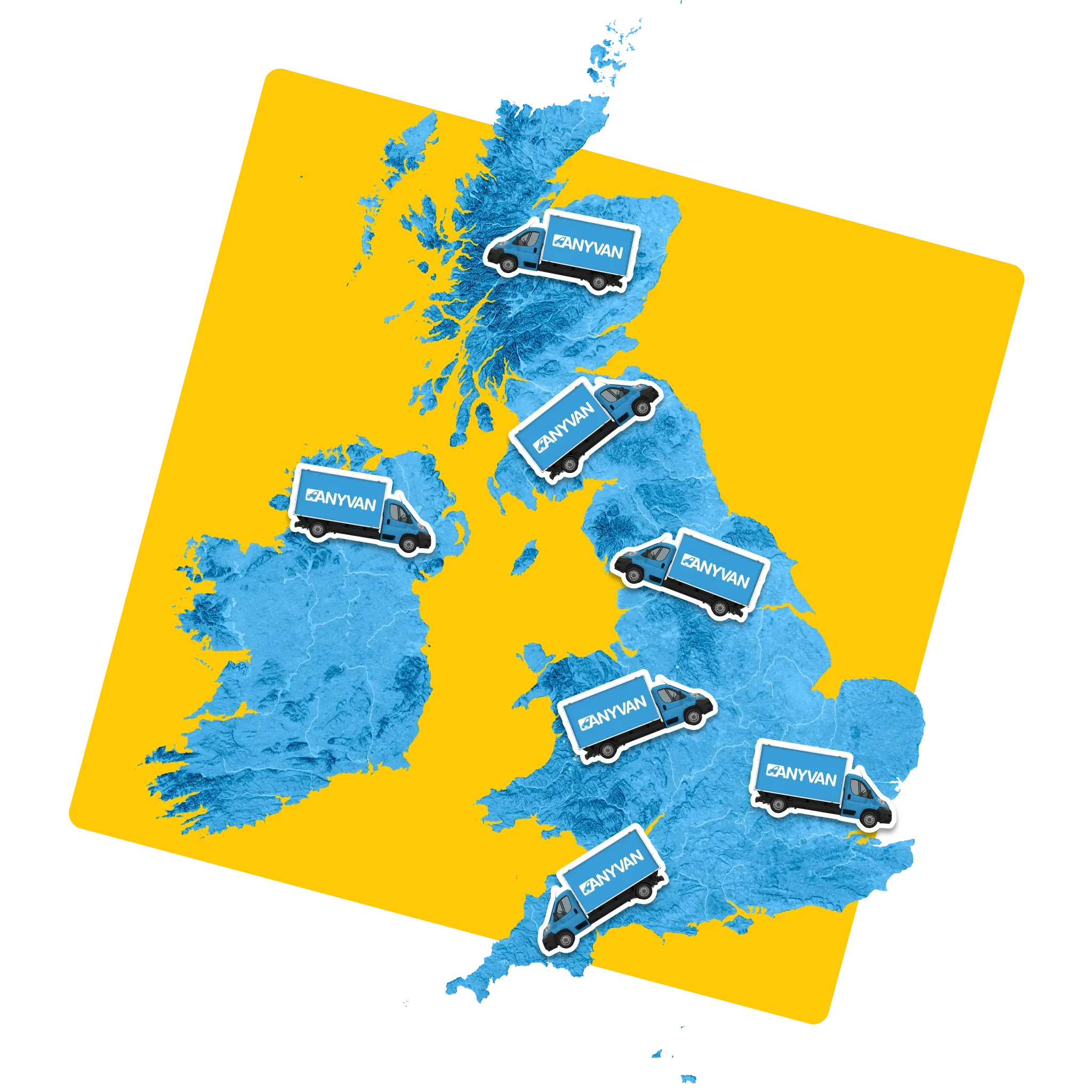 Image of a map of Europe dotted with lots of blue AnyVan vans 