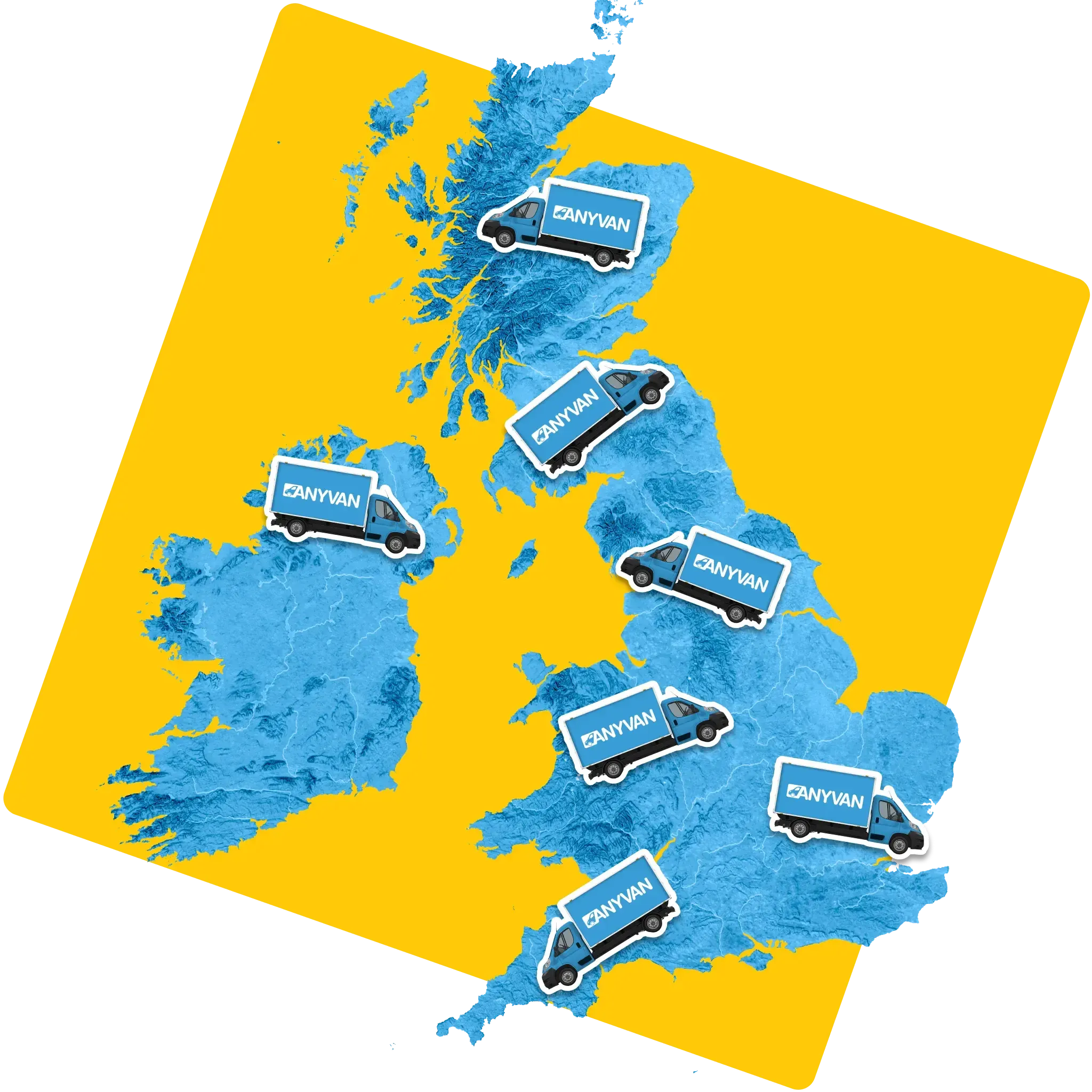 Image of a map of the UK showing AnyVan vans at multiple locations. 