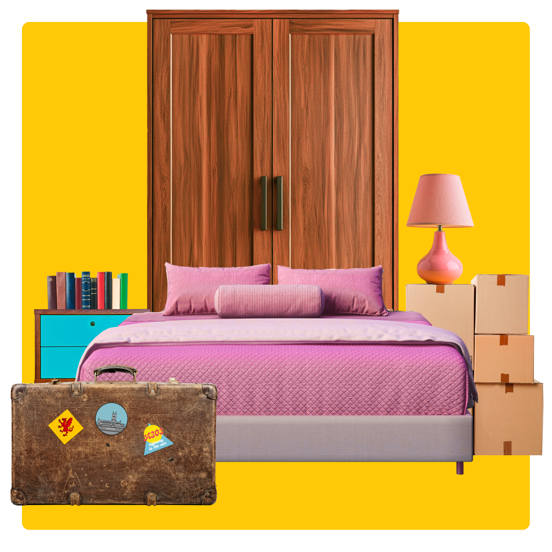 Image of items found in a double bedroom, including a bed, a suitcase, wardrobe, lamp and bedside table.  