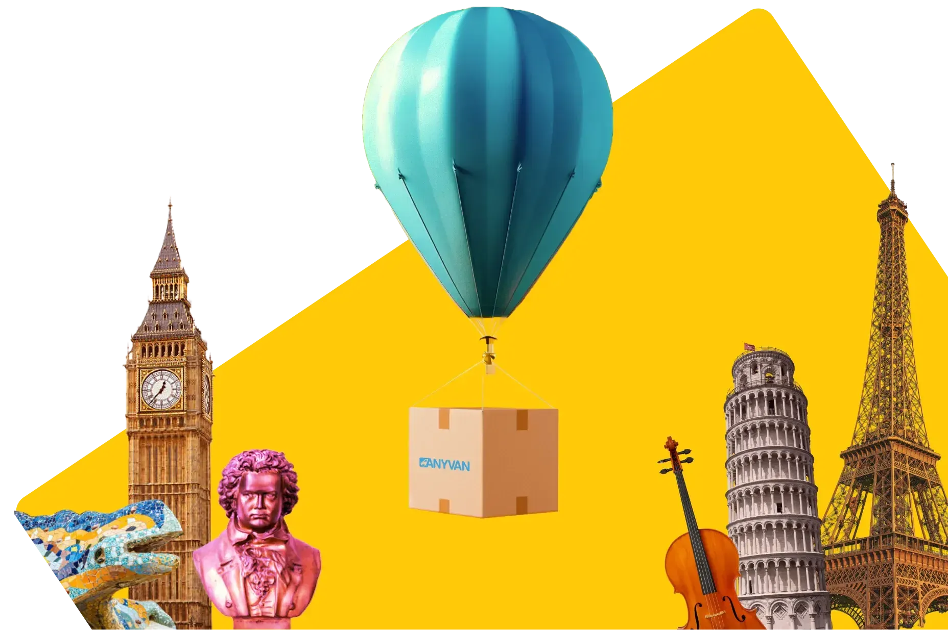 Image of a hot air balloon flying between key European landmarks, including the Eiffel Tower and Big Ben, showing that AnyVan do international removals