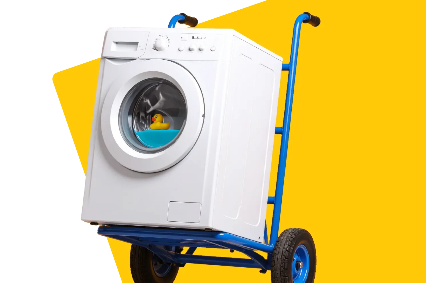 Image of a washing machine on a trolley, which shows that AnyVan offers guidance and help on how to move a washing machine. 