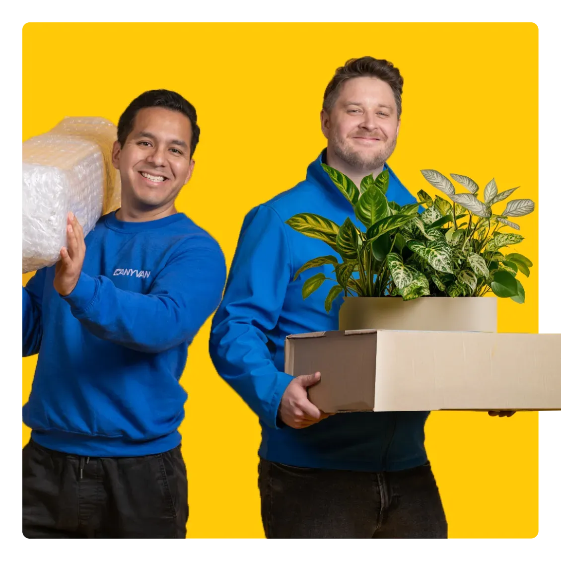 Image showing two AnyVan employees holding packing materials and plants 