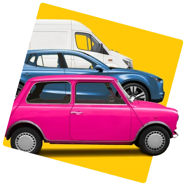 Image of a selection of cars including a white van, blue car and a pink mini. Shows AnyVan can move any car 