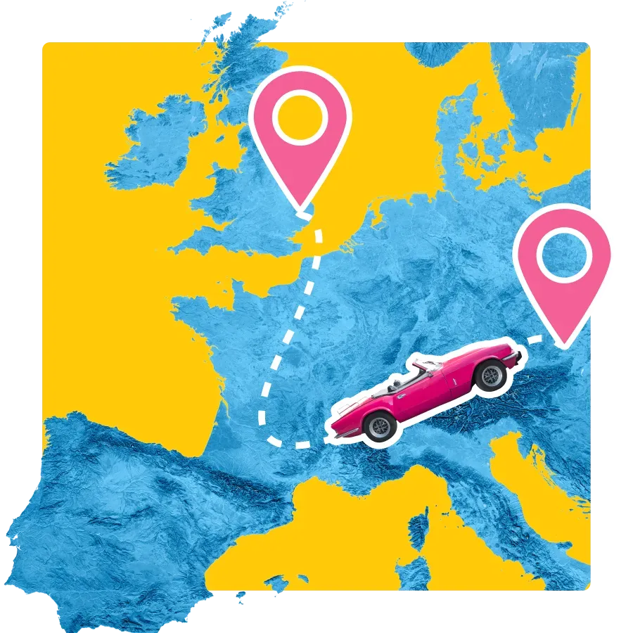 Image of a pink car travelling across a map of Europe. Shows that AnyVan have vehicle transport services across Europe.