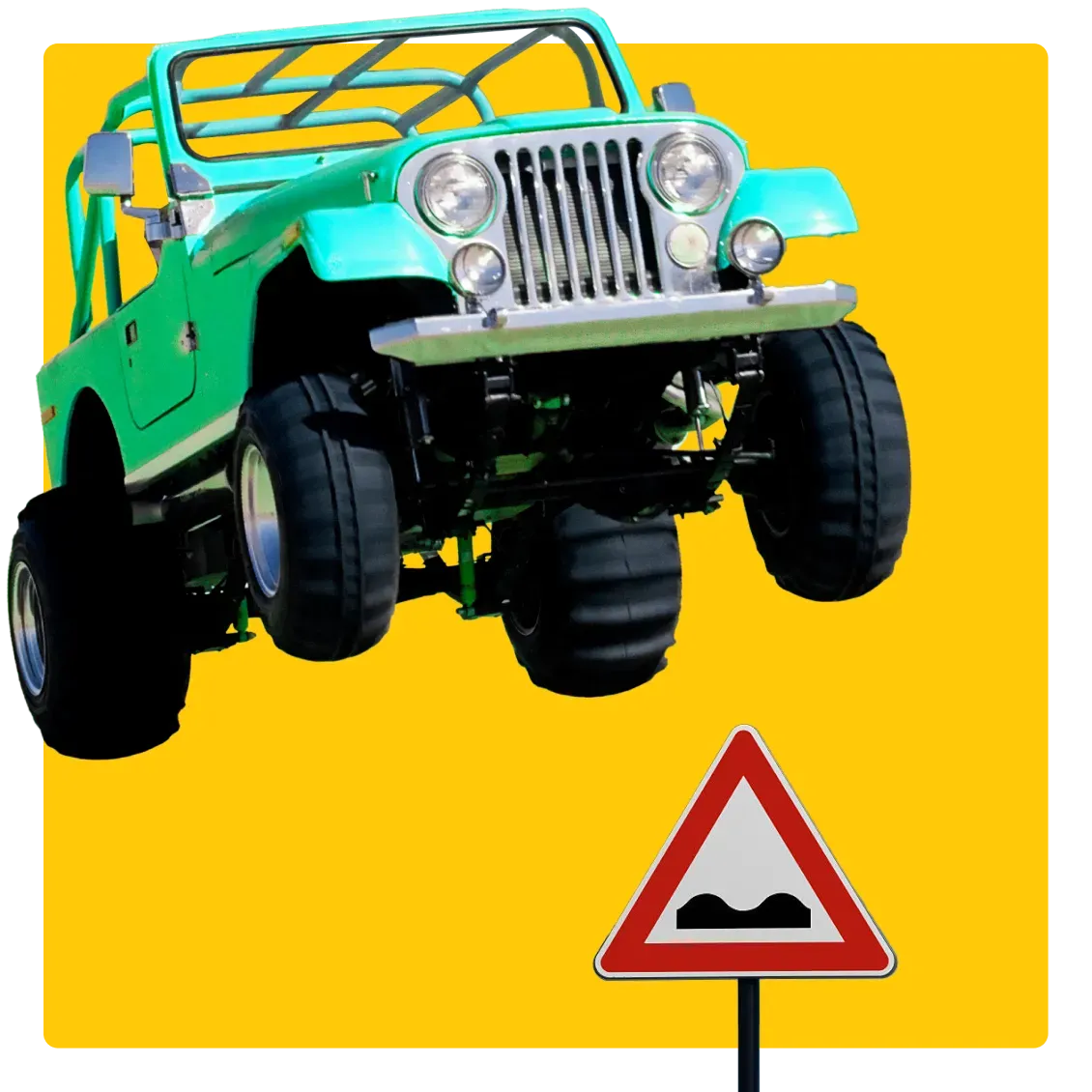 Funny image of a turquoise jeep jumping over a speed bump sign