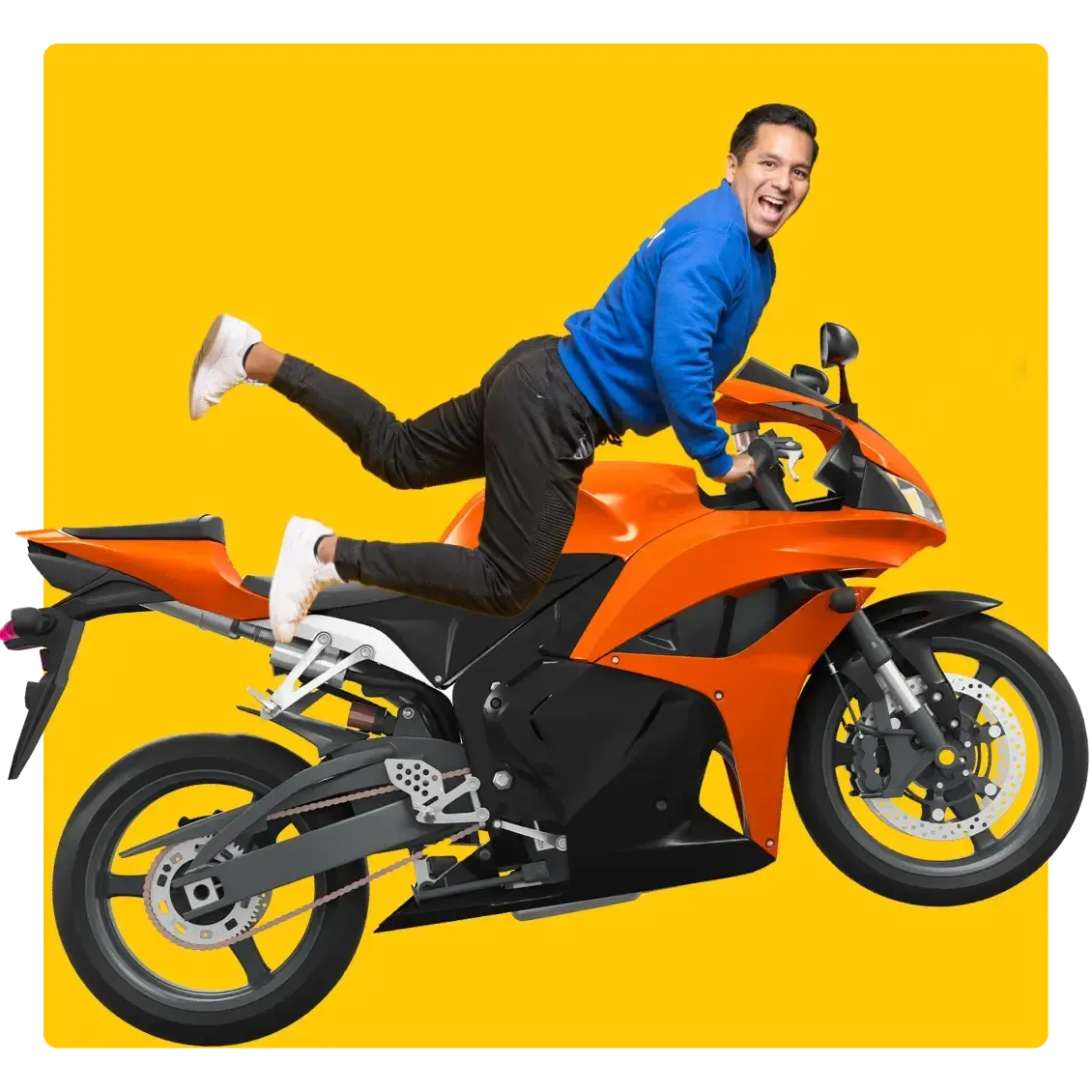 Image of a man riding an orange motorbike, showing AnyVan