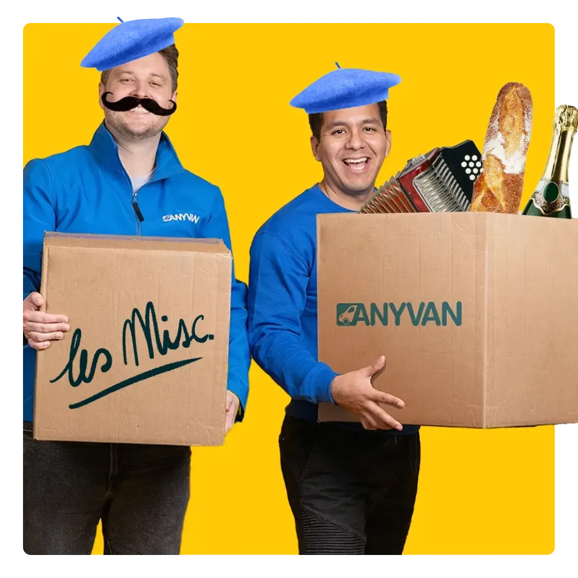 Image of two stereotypical French removal men moving boxes. Shows that AnyVan do removals to France