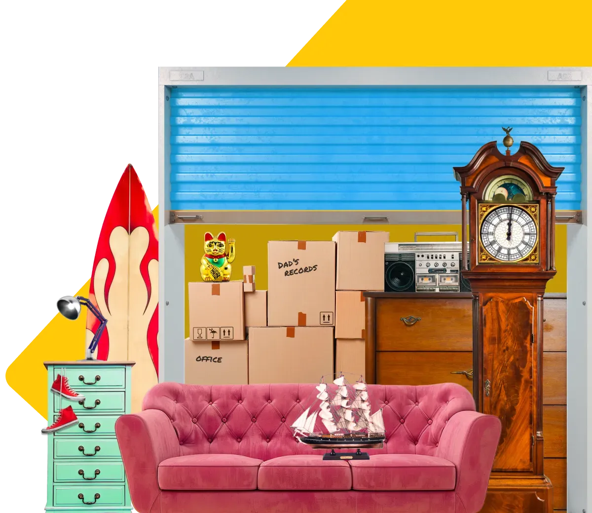 AnyVan storage unit with boxes, sofa, grandfather clock showing a flexible storage solution