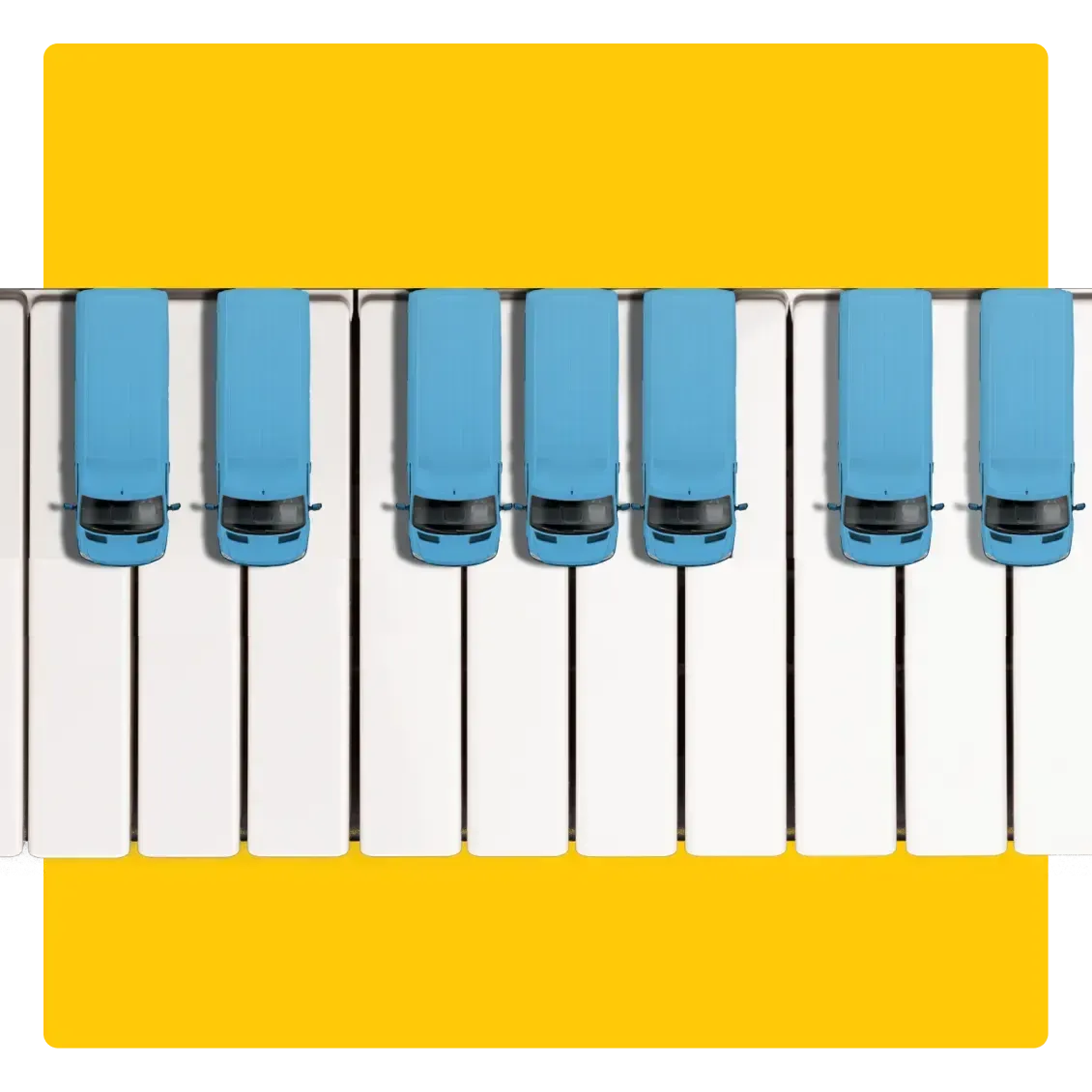 Image of a piano but the black keys have been replaced with blue AnyVan vans