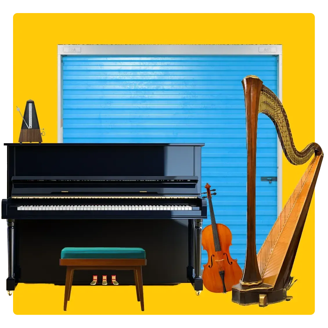 Image of an AnyVan storage unit with a piano, cello and harp 
