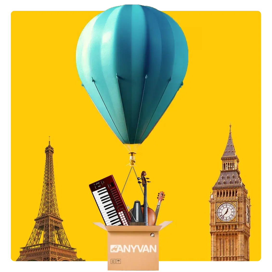 Image of a hot air balloon carrying an AnyVan box containing musical instruments between the Eiffel Tower and Big Ben 