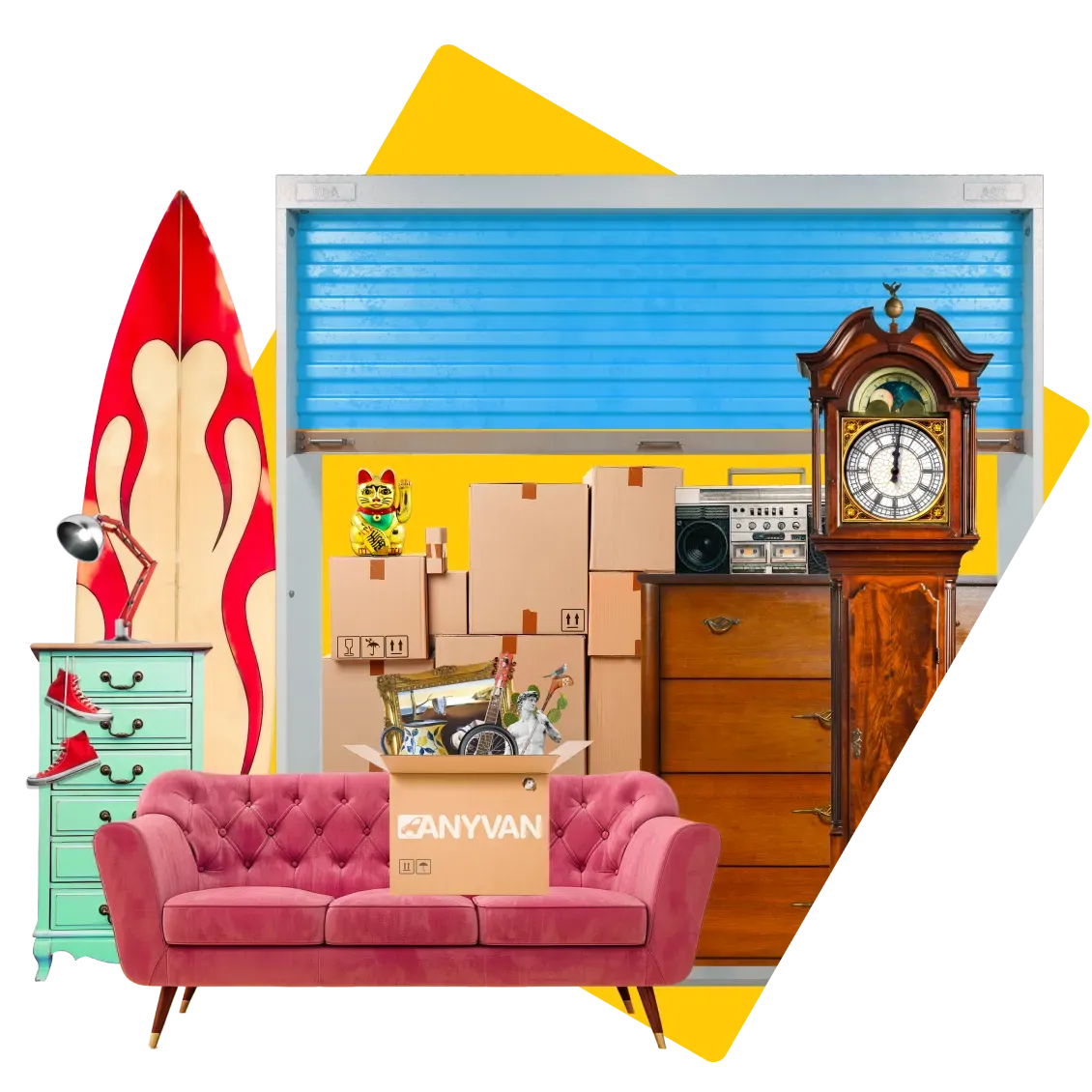 Image of an AnyVan storage unit filled with items including a pink sofa, grandfather clock and dresser