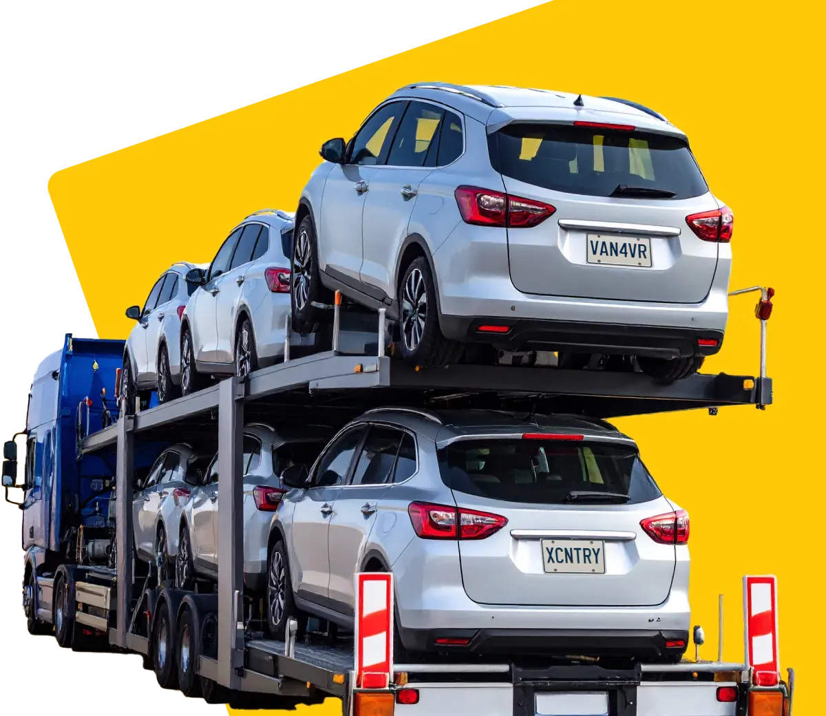 AnyVan vehicle transporter truck carrying six white SUVs with novelty plates reading “VAN4VR” and “XCNTRY,” used for car shipping across the U.S., shown on a bold yellow background.