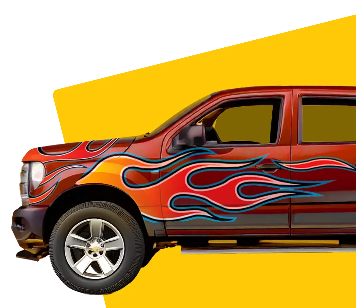 Large red truck with flame decal - AnyVan truck shipping US