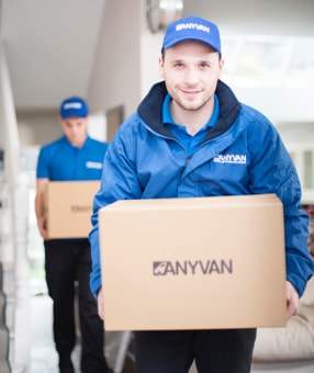 AnyVan driver carrying a stack of moving boxes